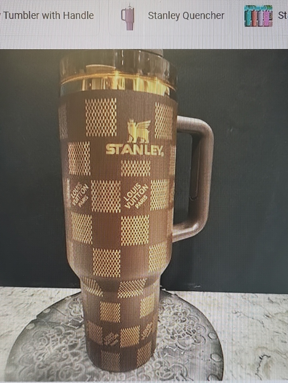 Stanley Brown and Gold LV Checkered Travel Tumbler